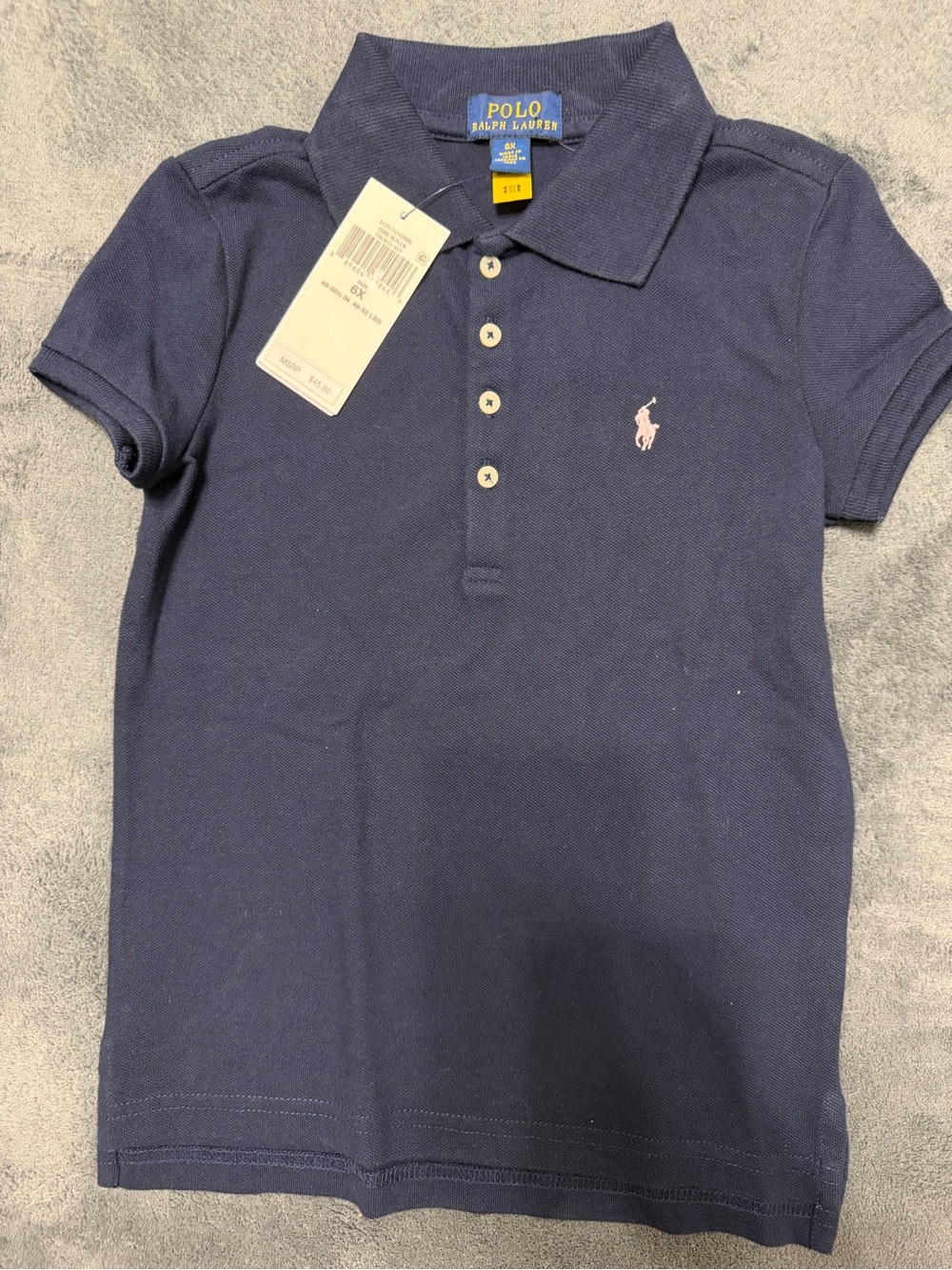 Polo by Ralph Lauren Navy Short Sleeve Girls Polo with Pink Pony